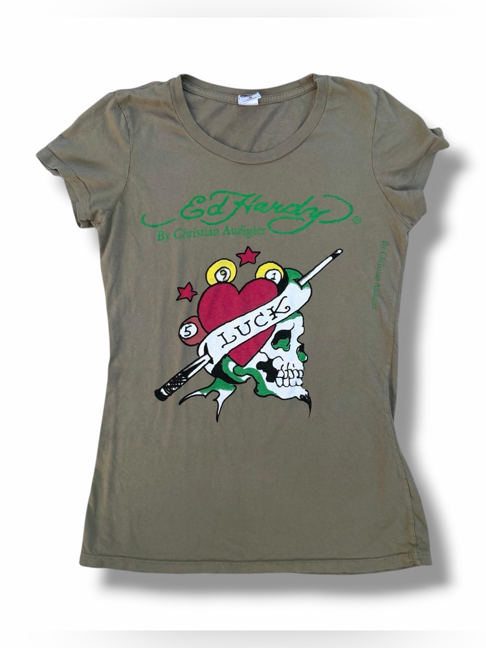 Vintage Y2K Ed Hardy Skull “Luck” T-Shirt Green Women’s Small Grunge Heart